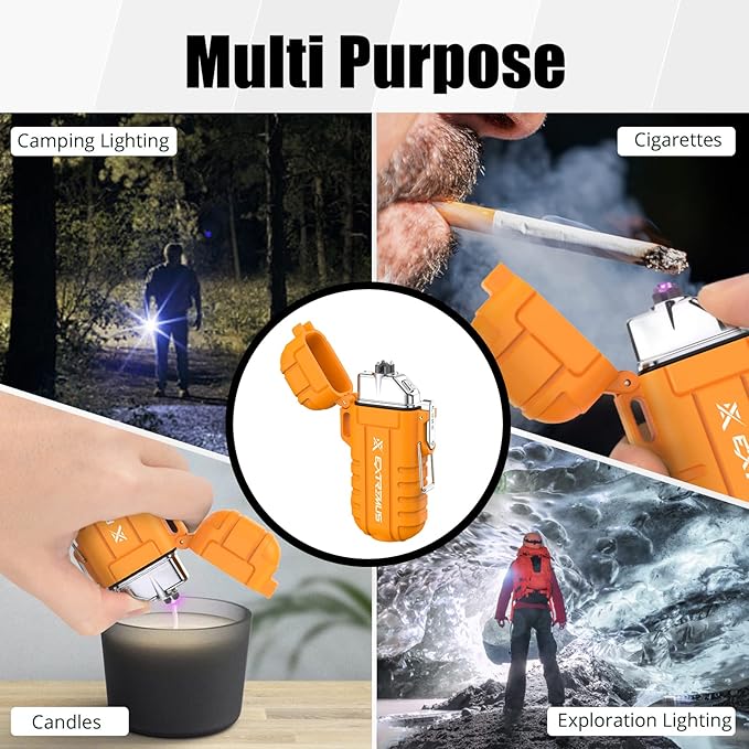 Extremus Blaze 360 Rechargeable Electric Lighters, Dual Arc Lighter, Windproof Plasma Lighter, Waterproof Lighter, Flameless Lighter with Whistle Lanyard for Camping (Orange Flashlight)
