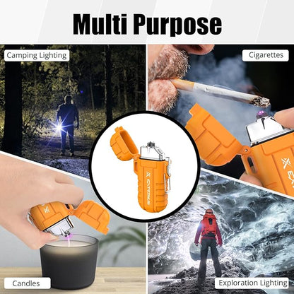 Extremus Blaze 360 Rechargeable Electric Lighters, Dual Arc Lighter, Windproof Plasma Lighter, Waterproof Lighter, Flameless Lighter with Whistle Lanyard for Camping (Orange Flashlight)
