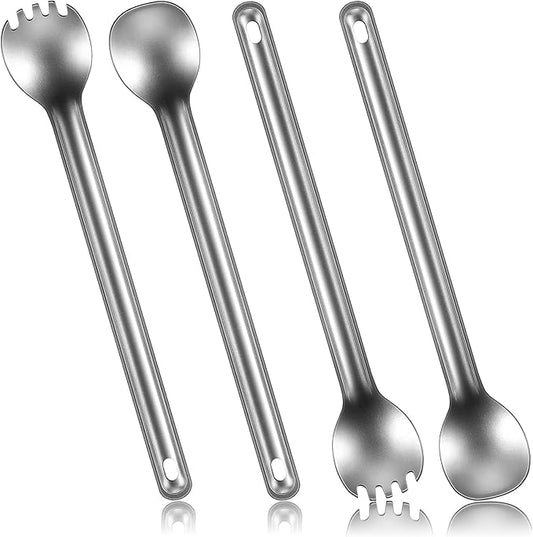 4 Pieces Titanium Long Handle Spork and Spoon 8.4 Inch Ultralight Portable Flatware Lightweight Soup Spoon Camping Spork Utensil for Outdoor Camping Backpacking Hiking Travel Picnic (Silver)
