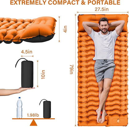 Camping Sleeping Pad, Ultralight Camping Pad with Pillow Built-in Foot Pump Inflatable Sleeping Mat Compact for Camping Backpacking Hiking Traveling - Orange, Single