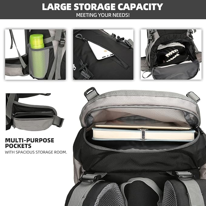 70L Camping Hiking Backpack with Rain Cover Waterproof Backpacking Backpack for Hiking Treeking Climbing Outdoor (Black)