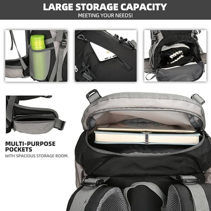 70L Camping Hiking Backpack with Rain Cover Waterproof Backpacking Backpack for Hiking Treeking Climbing Outdoor (Black)