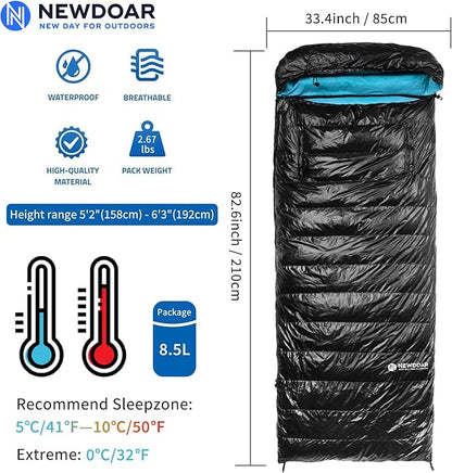 NewDoar Urltra-Light Camping Sleeping Bag 800FP White Goose Sown Spring Summer Outdoor Autumn Mummy Sleeping Bag for Hiking Tent