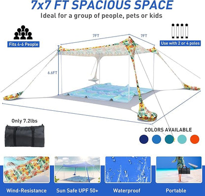Beach Tent Pop Up Sun Shade Canopy Sun Shelter UPF50+ with 4 Stability Poles/Carry Bag/Ground Pegs/Sand Shovel/Windproof Ropes Portable Outdoor Family Sunshade for Beach Camping Fishing Picnic