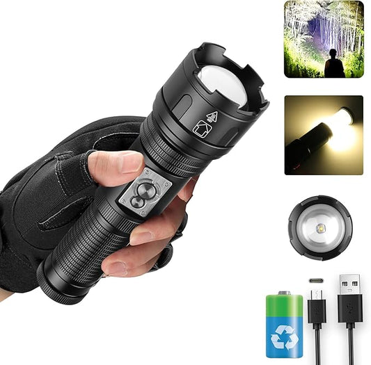 Rechargeable Flashlights High Lumens, 2-in-1 Multifunctional Super Bright Flashlight & Camping Light, Zoomable and Waterproof Tactical Flashlights for Hiking, Camping, Fishing