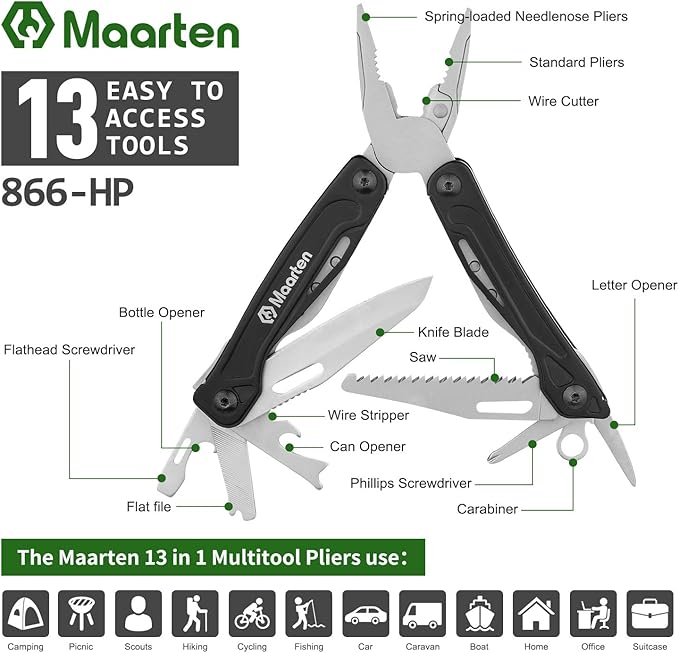 13-In-1 Multitool with Safety Locking, Professional Stainless Steel Multitool Pliers Pocket Knife, Bottle Opener, Screwdriver with Nylon Sheath for Outdoor, Survival, Camping, Hiking