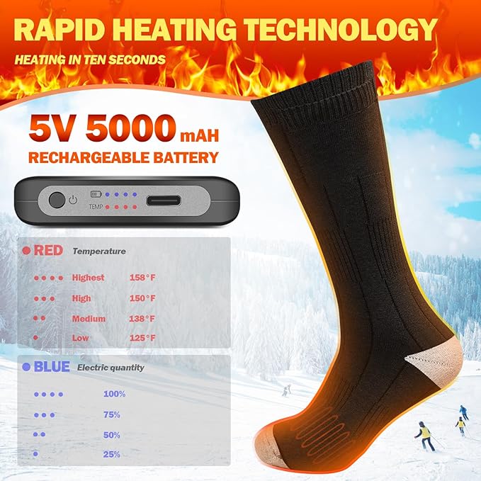Heated Socks for Men/Women - 5V 5000mAh Battery Powered, Perfect for Outdoor Riding, Camping, Hiking, Motorcycling, and Skiing