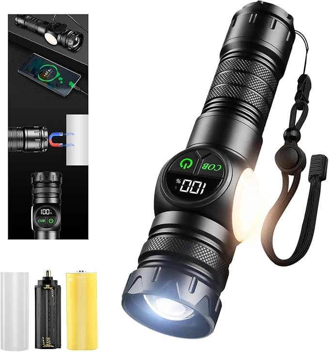 5000mAh Rechargeable Flashlight USB 5000 Lumens Outdoor Strong Cob Light, Zoomable Beam LED Flash Light with Magnet 9 Light Modes and SOS for Emergencies, Home, Camping, Hiking, Pet Walking