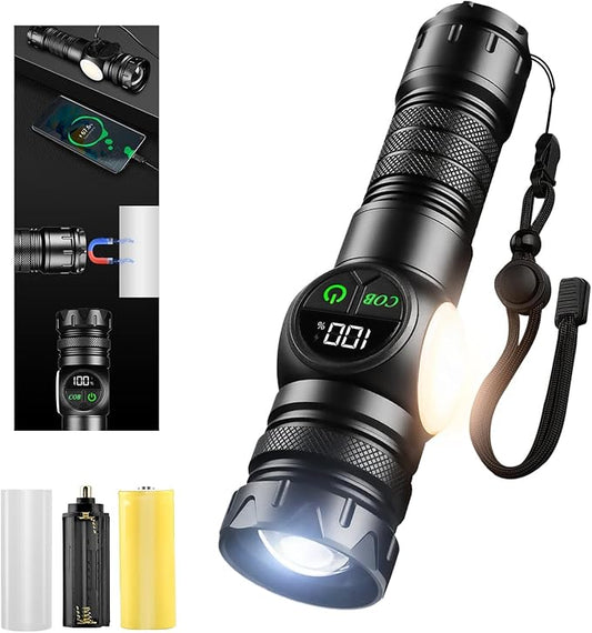 5000mAh Rechargeable Flashlight USB 5000 Lumens Outdoor Strong Cob Light, Zoomable Beam LED Flash Light with Magnet 9 Light Modes and SOS for Emergencies, Home, Camping, Hiking, Pet Walking