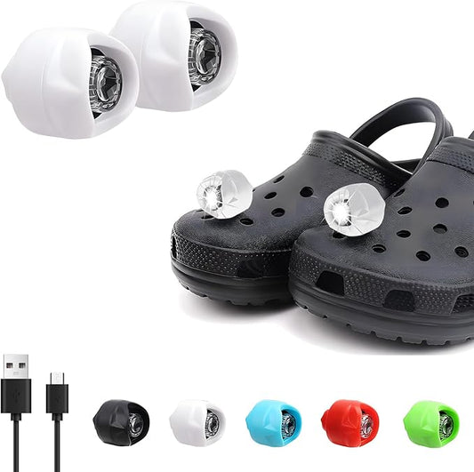 Vergissm Rechargeable Headlights for Croc, 2 PCs LED Flashlight for Croc, Waterproof Hands Free Flashlights with 3 Lighting Modes, Novelty Clog Lights for Camping, Dog Walking (White)