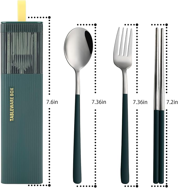 DEVICO Travel Utensils with Case, Stainless Steel Reusable Camping Silverware Set for Lunch Box, Portable Cutlery Kit Includes Fork, Spoon, Chopsticks (Dark Green)