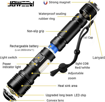 Rechargeable Flashlight, Portable and Super Bright Torch Light with 7 Modes, Power Output Function, IPX5 Waterproof for Outdoor Activities