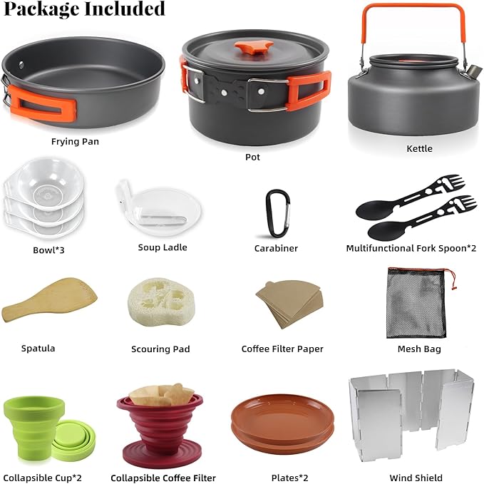 Camping Essentials Cookware Cooking Set, Camping Pots and Pans Set for Backpacking Gear, Car Camping Mess Kit for Camping Stove, Camp Kitchen with Camping Kettle, Pour Over Coffee Dripper