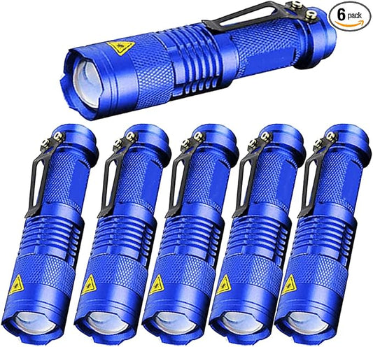 MODOAO 6 Pack,7W 300LM SK-68 3 Modes Mini Light Black Q5 LED Tactical Flashlight, LED Mini Flashlights,Adjustable Focus Zoomable Tactical Flashlight for Camping Hiking Emergency（Blue