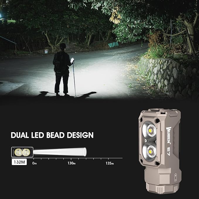 WUBEN E7 1800 Lumen Rechargeable Mini Flashlight with Magnet - Super Bright 6 Modes Khaki EDC Flashlight, Typ-C Rechargeable LED; IP68 Pocket Flashlight for Headlamp Use, Rescue, Camping