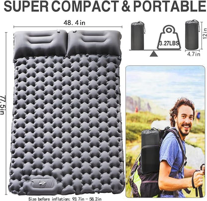 Camping Sleeping Pad，Camping Mattress 2 Person with Pillow Built-in Pump，Portable Sleeping Bed Compact for Camping Hiking Backpacking Outdoor(Grey-Full)