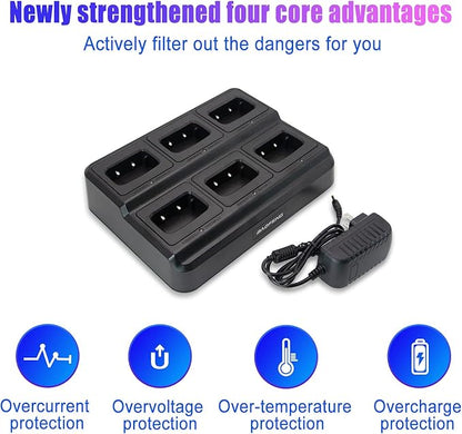 GV-8S Long Range Walkie Talkies with Six-Way Multi-Unit Charger for Adults, 6 Pack Rechargeable Walkie Talkies with 12 Li-ion Batteries, Two-Way Radio with Earpieces and Mic