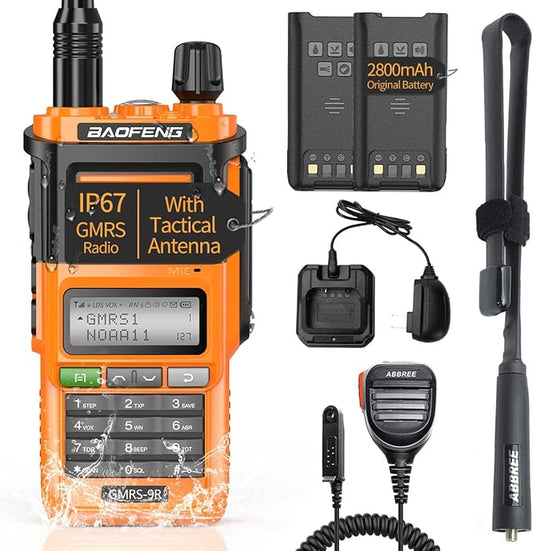 Baofeng GMRS-9R GMRS Radio Waterproof IP67 5W Rechargeable Two Way Radio for Adults,NOAA Scanning&Receiving,GMRS Repeater Capable with Extra Tactical Antenna,2800mAh Battery,Speaker Mic Orange