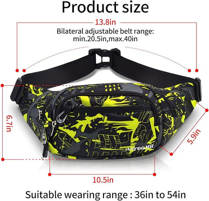 Fanny Packs for Women & Men, 5-Zipper Pockets Waist Bag, Belt Bag for Running Cycling Travel Walking Hiking Fishing Camping (Green)