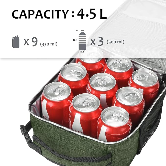 Tirrinia Small Insulated Lunch Bag for Men Women, Green, 8.5in x 4in x 9.5in, Keeps Food Cold Fresh for Hours