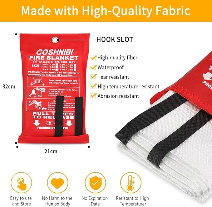 COSHNIBI Fire Blanket Emergency for Kitchen, Fiberglass Retardant Safety Blankets for Home, Fireplace,Grill,School,Car, Office, Warehouse,2 Pack 39.3x39.3 inch