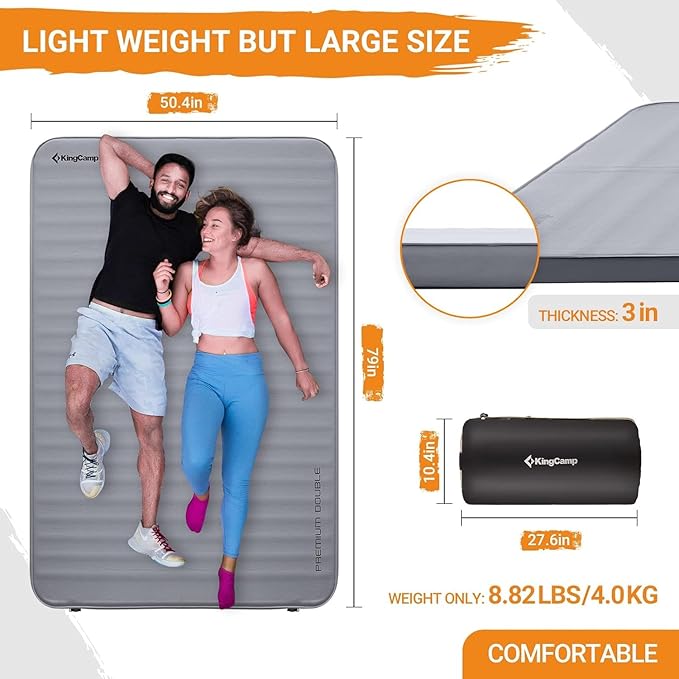 KingCamp Self Inflating Sleeping Pad for Camping Ultra Thick Double Single Foam Mattress High R Value Camping Air Pad Mat, Multi Colors & Sizes