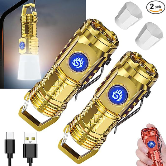 German Three-eyed Monster Mini Flashlight Thumb Flashlight, Mini Flash Super Power Flashlight, Multi-Functional Mini Pen Clip Flashlight Light Steel High Lumen Rechargeable Waterproof (Gold)