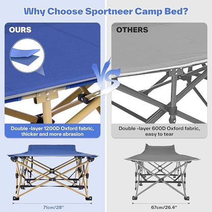 Sportneer Camping Cot: 1200D Double Layer Oxford Foldable Camping Cots for Adults - Heavy Duty Cots for Camping Travel Tent Day Outdoor & Home Guest, Camping Cots with Carry Bag & 2 Side Pockets