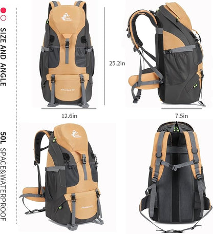 Bseash 50L Hiking Backpack, Water Resistant Lightweight Outdoor Sport Daypack Travel Bag for Camping Climbing Touring (Gold - With Shoe Compartment)