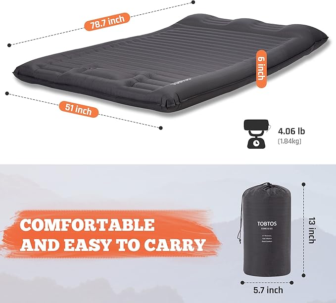 TOBTOS Double Sleeping Pad for Camping, Extra Thick 6" Camping Mattress 2 Person with Pillow Built-in Foot Pump, Inflatable Sleeping Mat for Camping, Backpacking, Hiking, Traveling