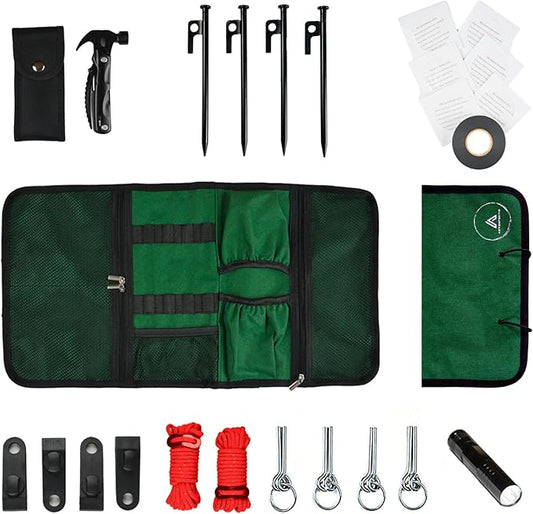 Adventfortis USA: 25 Piece Ultimate Summer Camping Essentials kit, Fully Equiped Tent Repair kit, Heavy Duty Tent Stakes, Multifunction Camping Hammer, Repair Patches.