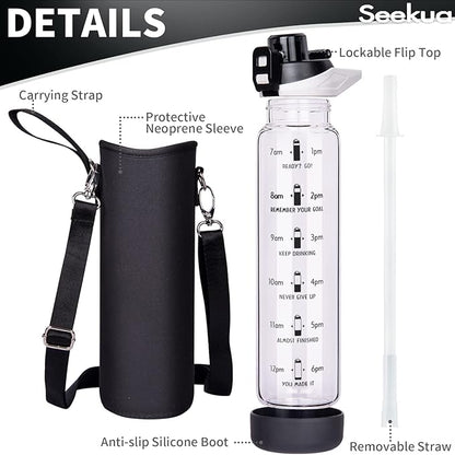 32 oz Sports Glass Water Bottle with Straw and Time Marker, Large Resuable Motivational Glass Drinking Bottle for Infused Water, Fruit, Smoothie, Coffee