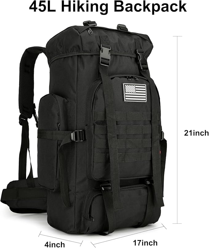 45L Hiking Backpack Camping Rucksack Molle Military Backpack for Outdoor Traveling (Black)