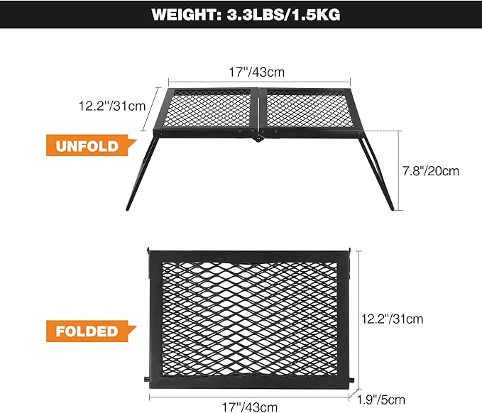 REDCAMP Folding Campfire Grill Heavy Duty Steel Grate, Portable Camp Fire Cooking Rack Over Fire Pit with Carrying Bag for Outdoor BBQ Camping