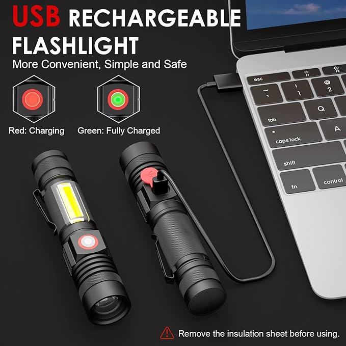 Small Flashlight Rechargeable, Magnetic LED Flashlight, 1000 Lumens Super Bright Flashlight with COB Work Light, 4 Modes, Waterproof, Zoomable Pocket Tactical Flashlights for Camping Emergency 2 Pack