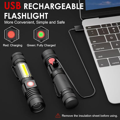 Small Flashlight Rechargeable, Magnetic LED Flashlight, 1000 Lumens Super Bright Flashlight with COB Work Light, 4 Modes, Waterproof, Zoomable Pocket Tactical Flashlights for Camping Emergency 2 Pack