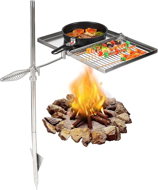 REDCAMP Folding Swivel Campfire Grill, Portable Stainless Steel Cooking Grate over Fire Pit, Lightweight Grate & Camp Fire Rack with Carrying Bag for Outdoor Camping BBQ