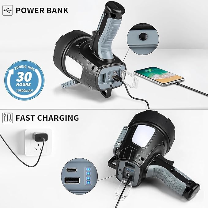 Rechargeable Spotlight Flashlight, 990,000 Lumen Super Bright Led Spotlight with 6 Modes & Foldable Tripod, Powerful Spot Light 30H Long Runtime, Handheld Spot Light for Outdoor Boating Hunting