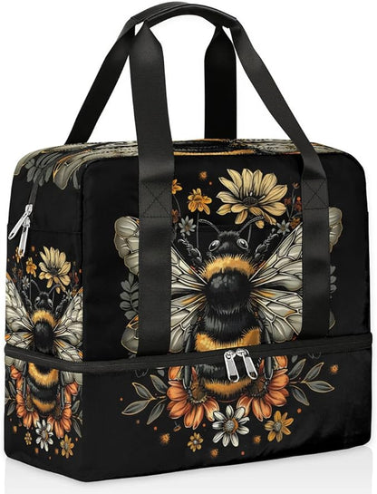 Sports Gym Bag Retro Bee Flower Travel Duffel Bag Waterproof Lightweight Swim Bag Travel Tote Luggage Weekender Overnight Handbag Workout Bag with Shoes Compartment for Women Men