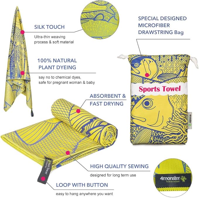 4Monster Microfiber Beach Towel Quick Dry,Super Absorbent Lightweight Travel Towel for Swimmers, Sand Free Camping Towel, Beach Towels for Pool, Swim, Water Sports,Yoga,Gym,Backpacking