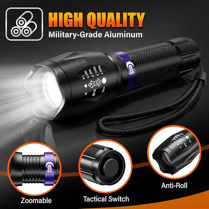 2 Pack LED Flashlights High Lumens with 6 AAA Batteries, 5 Modes Mini Waterproof Tactical Flashlight for Camping Hiking, Bright Flashlight with Zoomable, Fathers Day Dad Gifts for Him, Black & Purple
