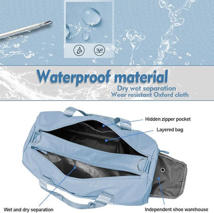 Small Gym Bag for Women and Men, Workout Bag for Sports and Weekend Getaway, Waterproof Dufflebag with Shoe and Wet Clothes Compartments (Light blue)