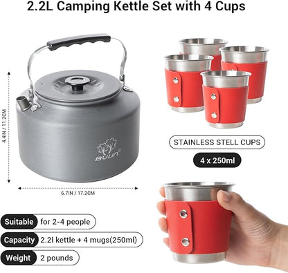 Bulin 2.2L Camping Kettle Set with 4 Cups Lightweight Aluminum Camp Tea Coffee Pot with 4 Stainless Steel Cups for Outdoor Camping Cookware Hiking Backpacking Kitchen Campfire and Picnic, Carrying Bag