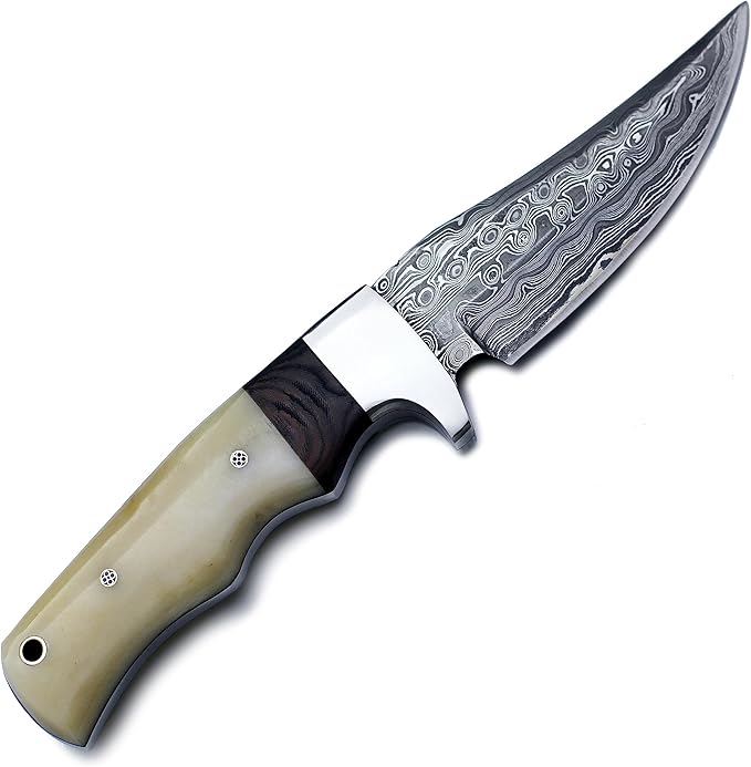 Handmade Damascus Steel Knife for Hunting,Survival,Camping,Bushcraft and Fishing Fixed Blade Dagger with Drop point Full Tang Micarta Handle, Leather Sheath - WKD-791