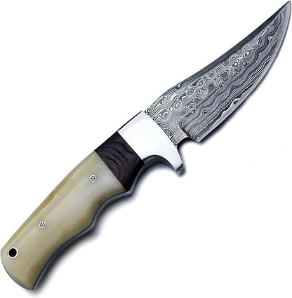 Handmade Damascus Steel Knife for Hunting,Survival,Camping,Bushcraft and Fishing Fixed Blade Dagger with Drop point Full Tang Micarta Handle, Leather Sheath - WKD-791
