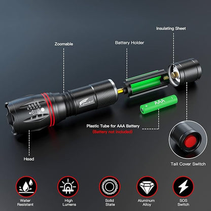 HAUSBELL LED A100 Flashlight Bright, Zoomable Tactical Flashlights Flash Light with 2000 High Lumens and Five Modes for Emergency and Outdoor Use Camping Accessories, 2 Pack