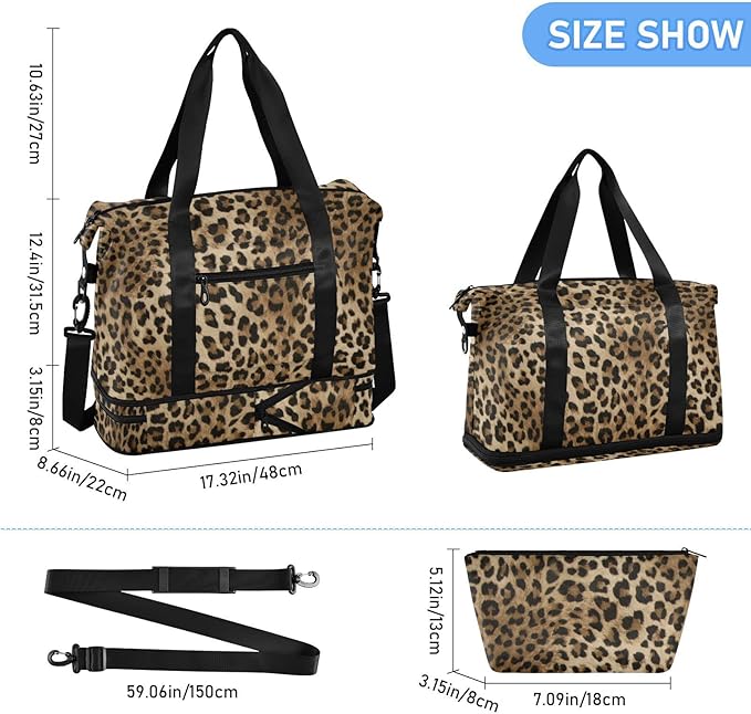 Leopard Weekender Bag for Women, Speckled Gym Sports Duffle Travel Tote With Toiletry Compartment, Shoes Storage, Dry/Wet Separation for Swimming