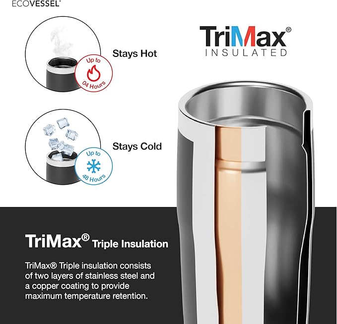 EcoVessel METRO TriMax Vacuum Insulated Stainless Steel Tumbler Cup, Coffee Mug with Slider Lid - 16 oz (Black Shadow)