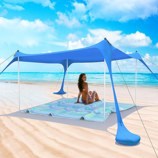 Beach Tent Pop Up Shade Canopy Sun Shelter UPF50+ with 2 Stability Poles/Carry Bag/Ground Pegs/Sand Shovel/Windproof Ropes Portable Outdoor Family Sunshade for Camping (Royal Blue,7×7FT)