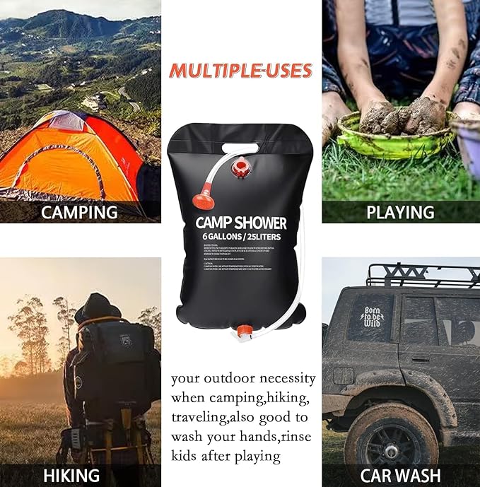 JIURUN 2 Pack Solar Shower Bag 6 Gallons/25L Portable Camping Shower Bag with Removable Hose and On-Off Switchable Shower Head,Camping Accessories for Camping Beach Swimming Outdoor Traveling Hiking